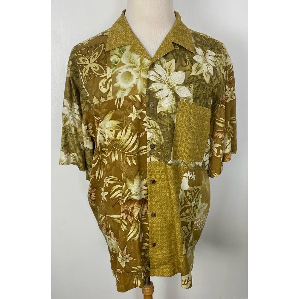VTG Men Jos. A Bank silk floral colorblock tropical button up Hawaiian shirt, XL